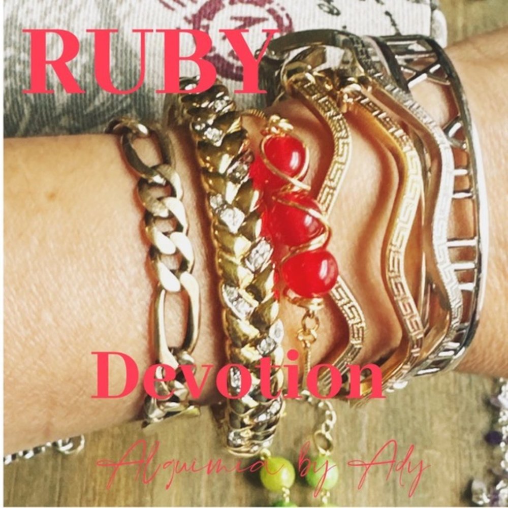 Triple string untreated ruby gemstone silver statement bracelet - Picture 5 of 5